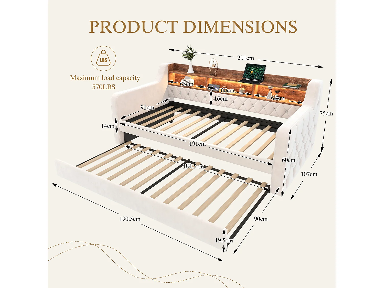 Snoozepop - Tweepersoons onderschuifbed 90x190 cm - Fluweel met opbergruimte - Geïntegreerde USB- en Type-C-poorten - LED-verlichting - Ideaal voor kleine ruimtes