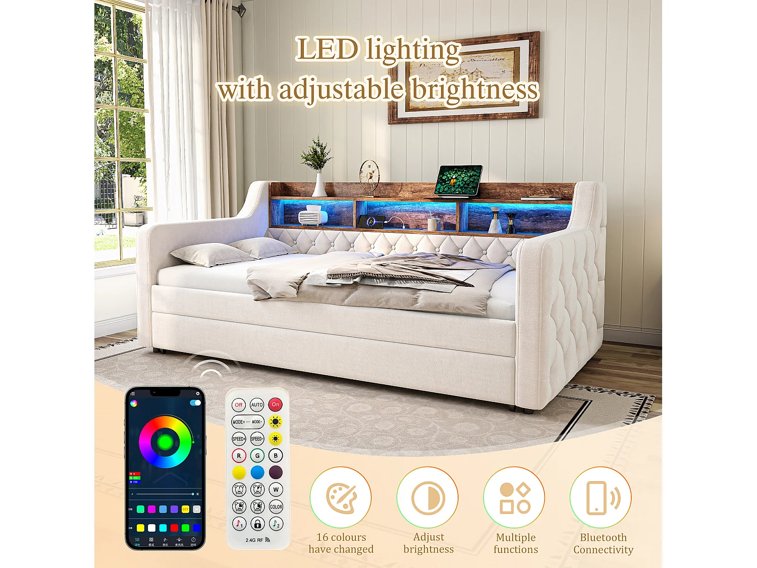 Snoozepop - Tweepersoons onderschuifbed 90x190 cm - Fluweel met opbergruimte - Geïntegreerde USB- en Type-C-poorten - LED-verlichting - Ideaal voor kleine ruimtes