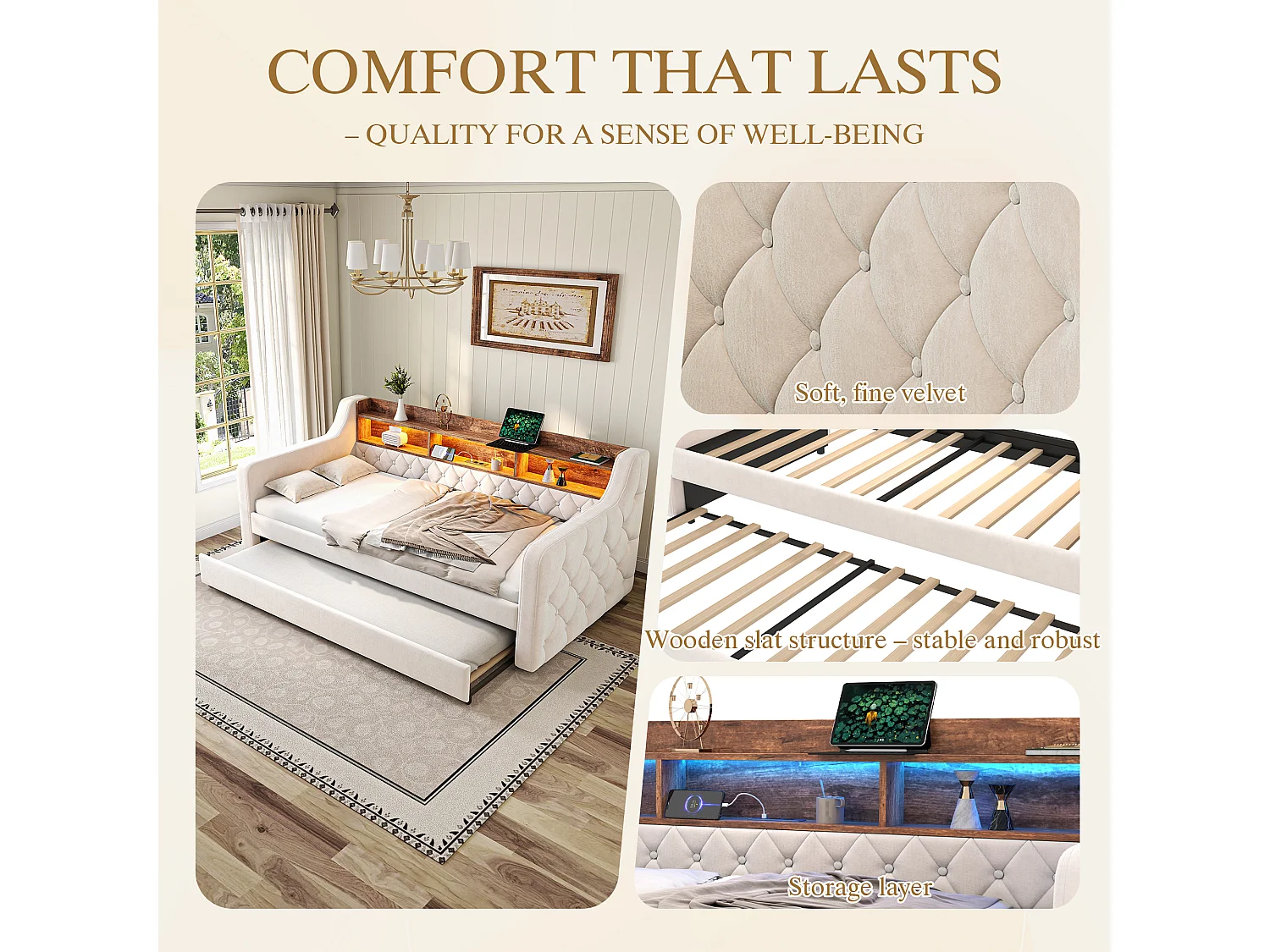 Snoozepop - Tweepersoons onderschuifbed 90x190 cm - Fluweel met opbergruimte - Geïntegreerde USB- en Type-C-poorten - LED-verlichting - Ideaal voor kleine ruimtes