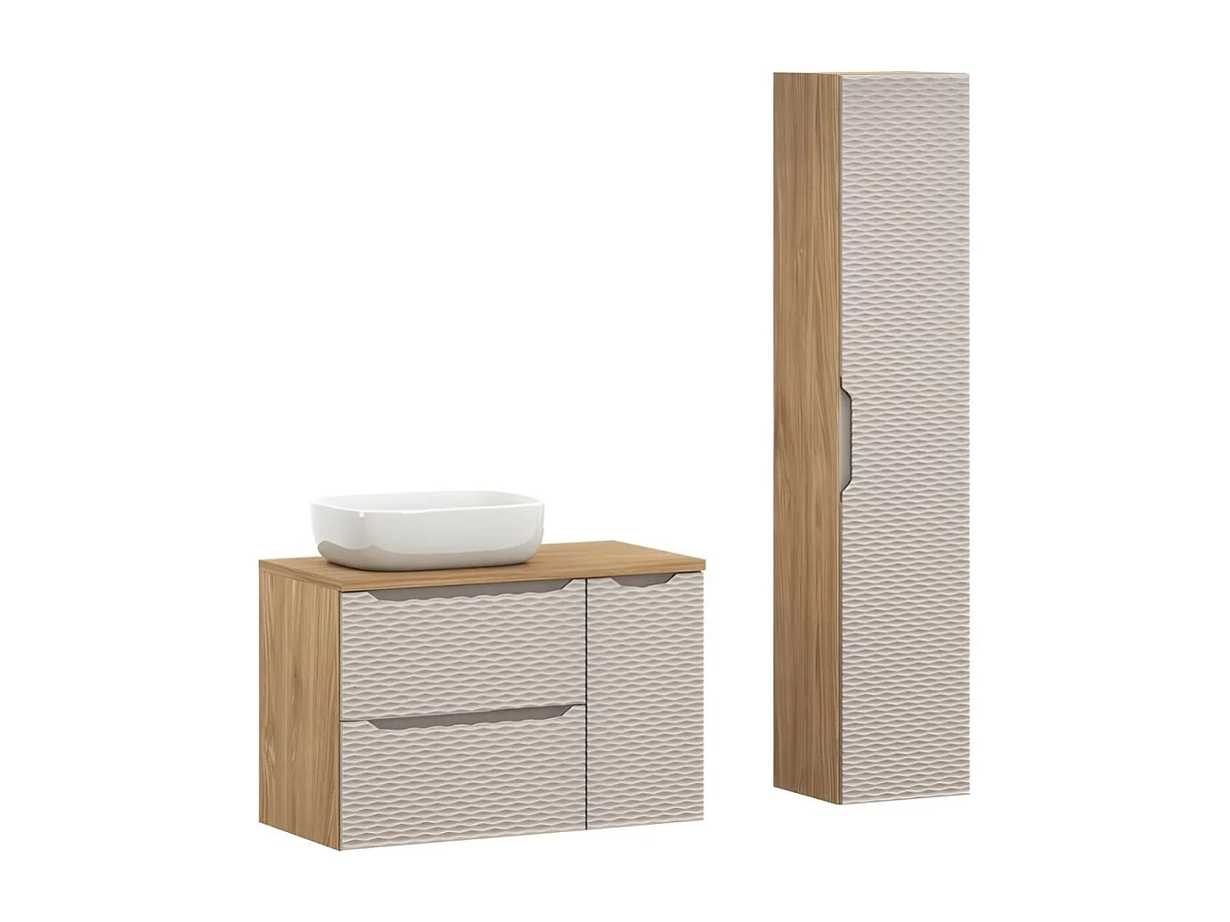 Ensemble de salle de bain YOKA beige : meuble sous vasque 90 cm + plan vasque + vasque à poser + colonne de rangement