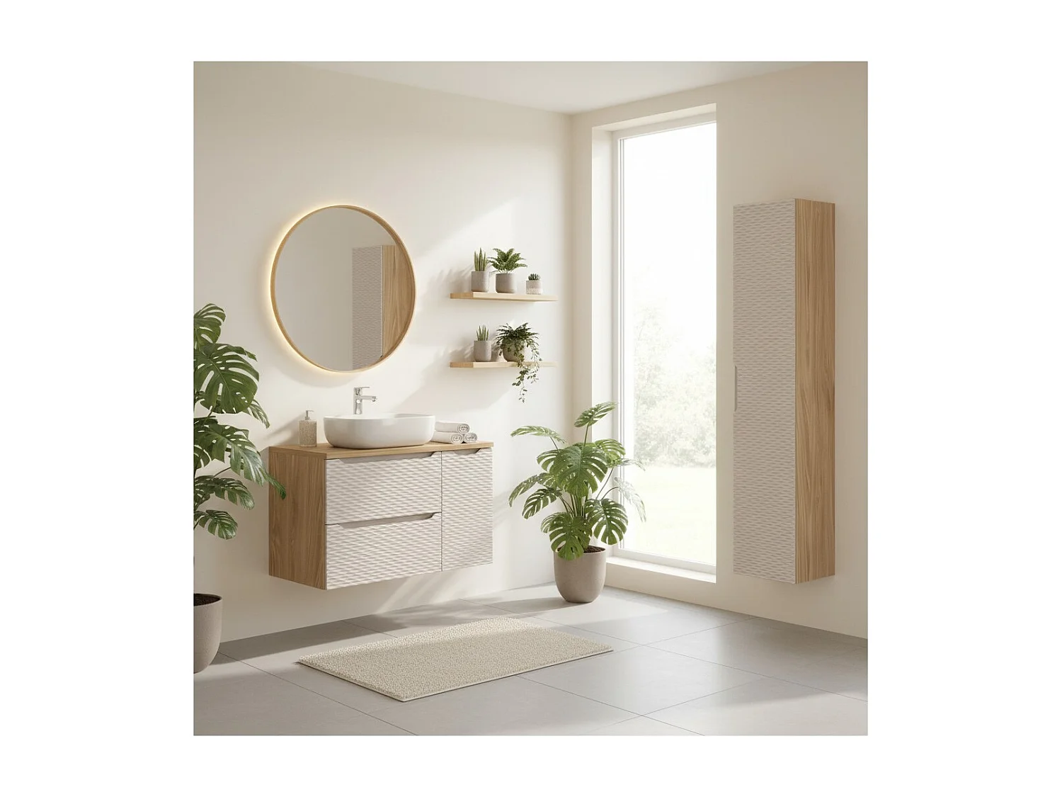 Ensemble de salle de bain YOKA beige : meuble sous vasque 90 cm + plan vasque + vasque à poser + colonne de rangement