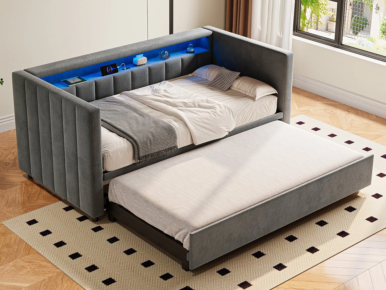 Lit Gigogne 2 Places - Canapé-Lit Velours avec LED RGB, USB/Type-C et Rangement - Structure Renforcée 260kg - Idéal Petit Espace - Snoozepop