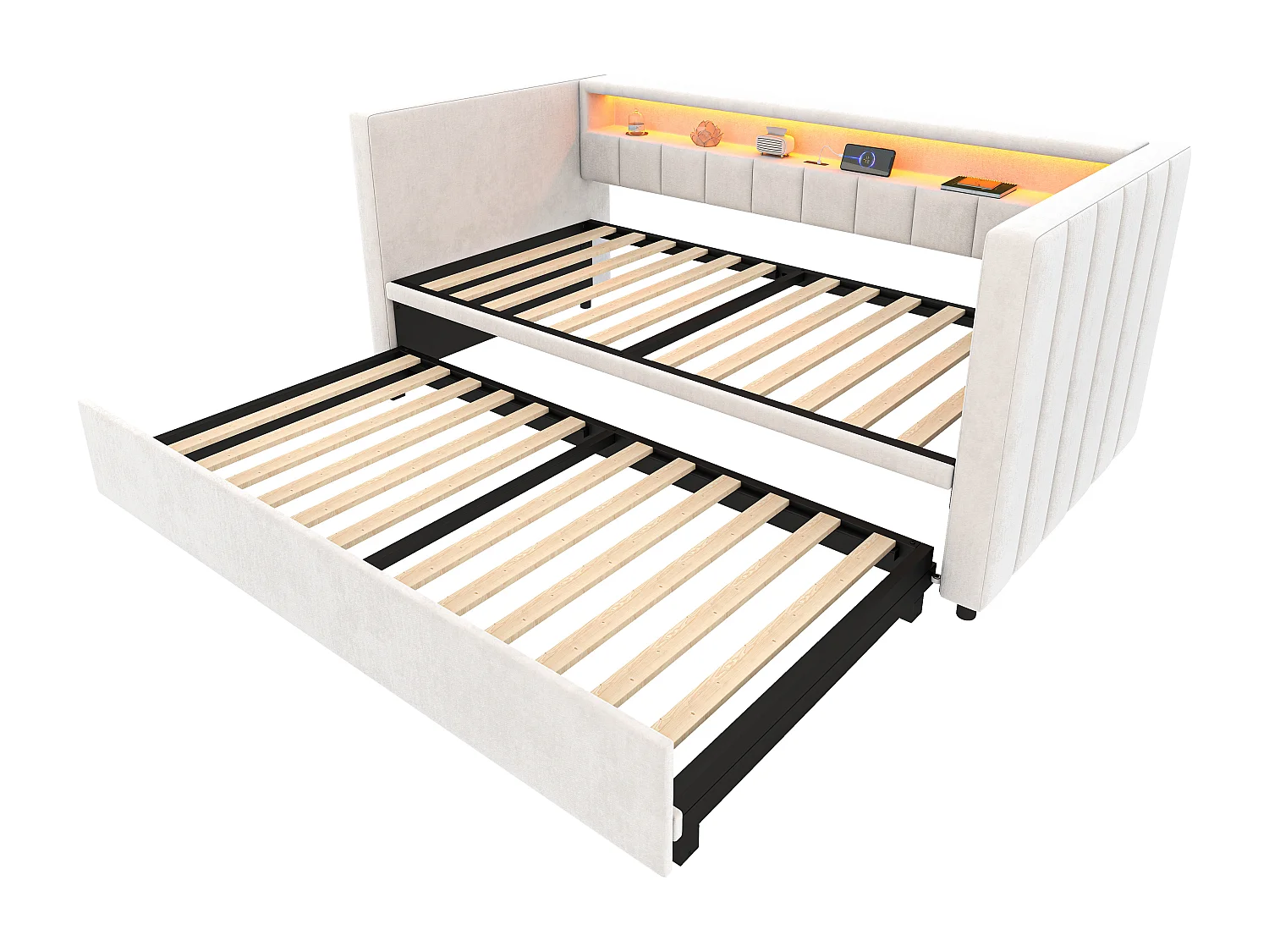 Snoozepop - Lit Gigogne 2 Places - Canapé-Lit Velours avec LED RGB, USB/Type-C et Rangement - Structure Renforcée 260kg - Idéal Petit Espace