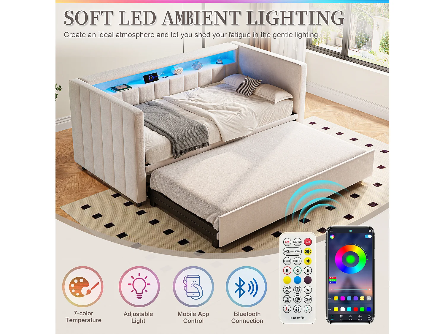 Snoozepop - Lit Gigogne 2 Places - Canapé-Lit Velours avec LED RGB, USB/Type-C et Rangement - Structure Renforcée 260kg - Idéal Petit Espace