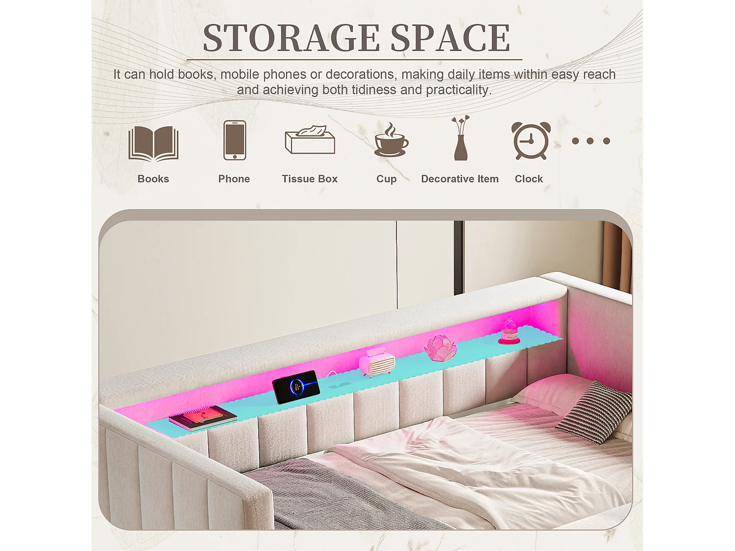 Snoozepop - Lit Gigogne 2 Places - Canapé-Lit Velours avec LED RGB, USB/Type-C et Rangement - Structure Renforcée 260kg - Idéal Petit Espace