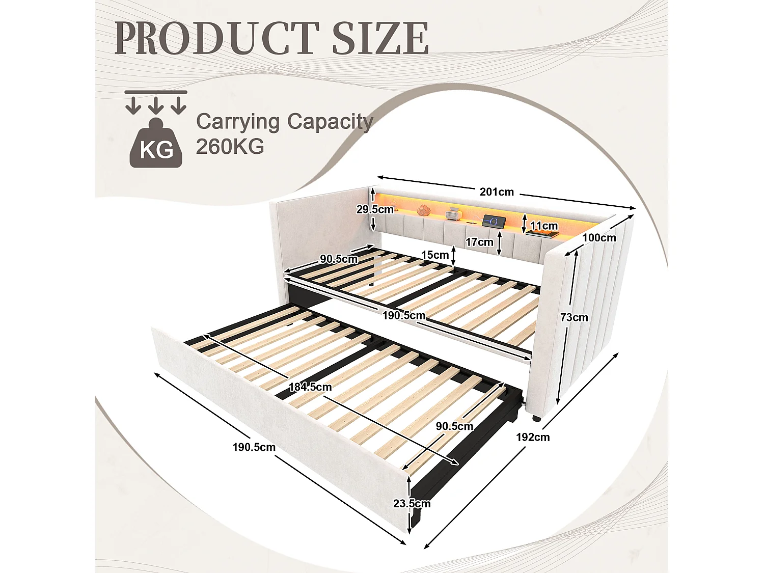 Snoozepop - Lit Gigogne 2 Places - Canapé-Lit Velours avec LED RGB, USB/Type-C et Rangement - Structure Renforcée 260kg - Idéal Petit Espace