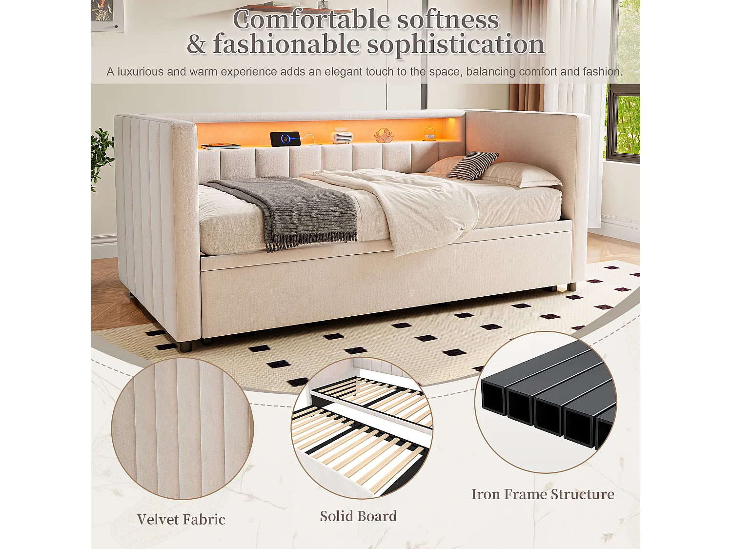 Snoozepop - Lit Gigogne 2 Places - Canapé-Lit Velours avec LED RGB, USB/Type-C et Rangement - Structure Renforcée 260kg - Idéal Petit Espace