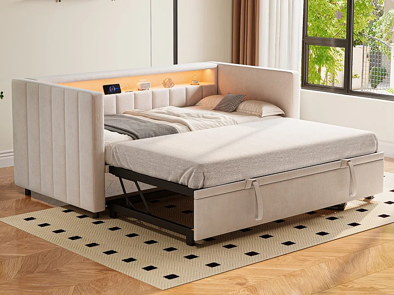 Snoozepop - Lit Gigogne 2 Places - Canapé-Lit Velours avec LED RGB, USB/Type-C et Rangement - Structure Renforcée 260kg - Idéal Petit Espace