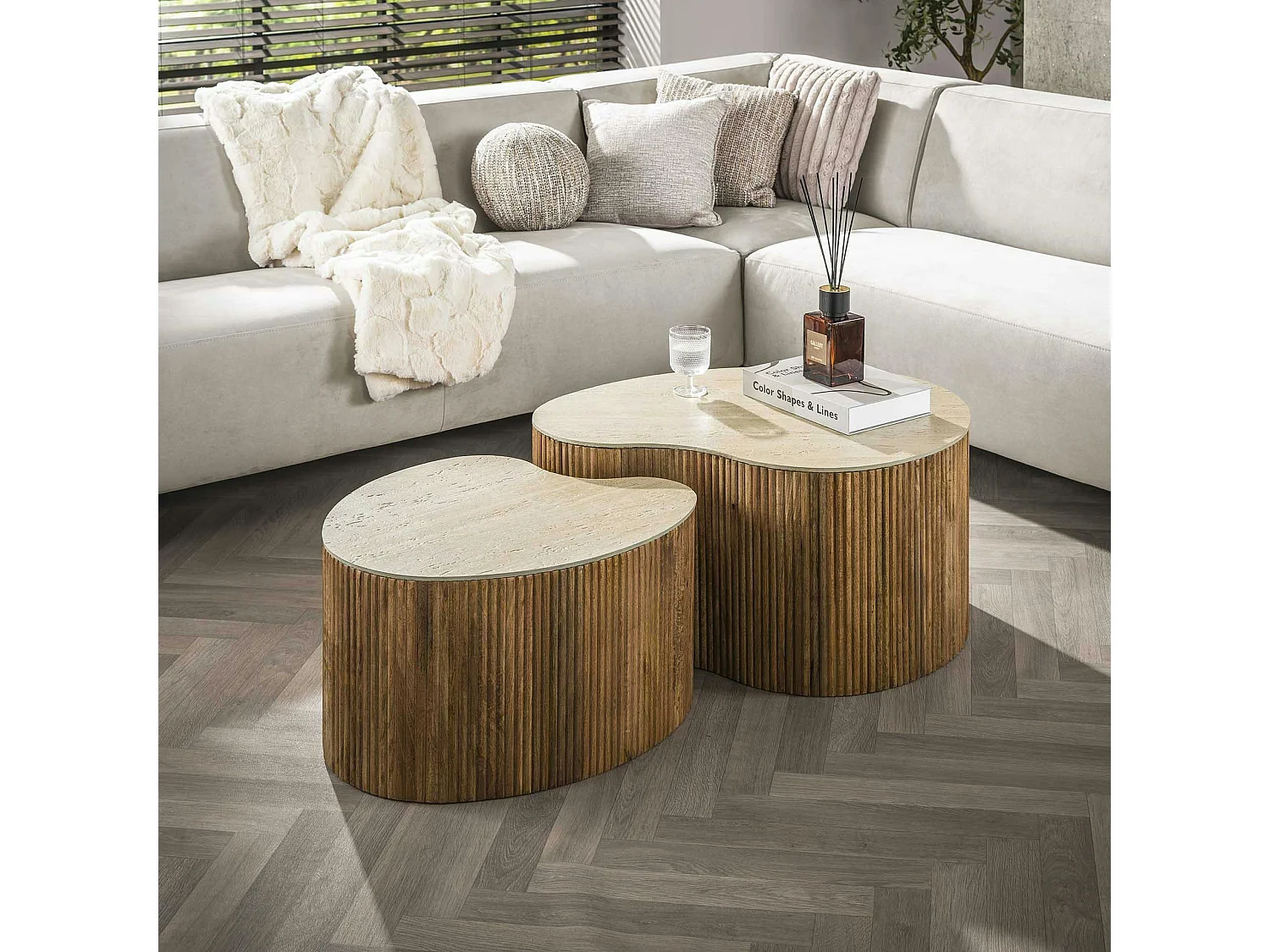 Table basse céramique 3D et bois, forme organique (x2) ASCOLI