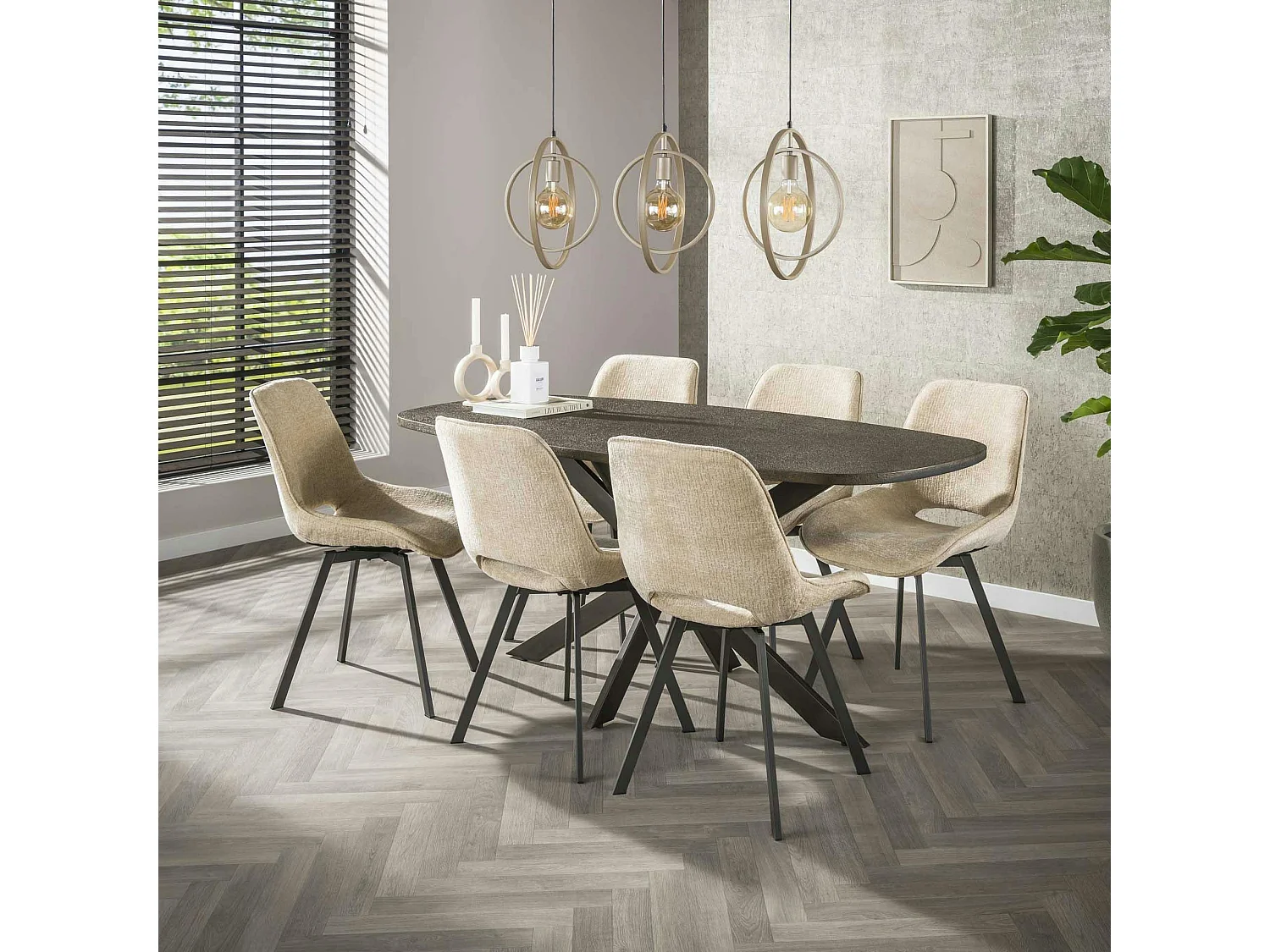 Suspension îlot beige mat, 3 anneaux pivotants métal TRIBECA