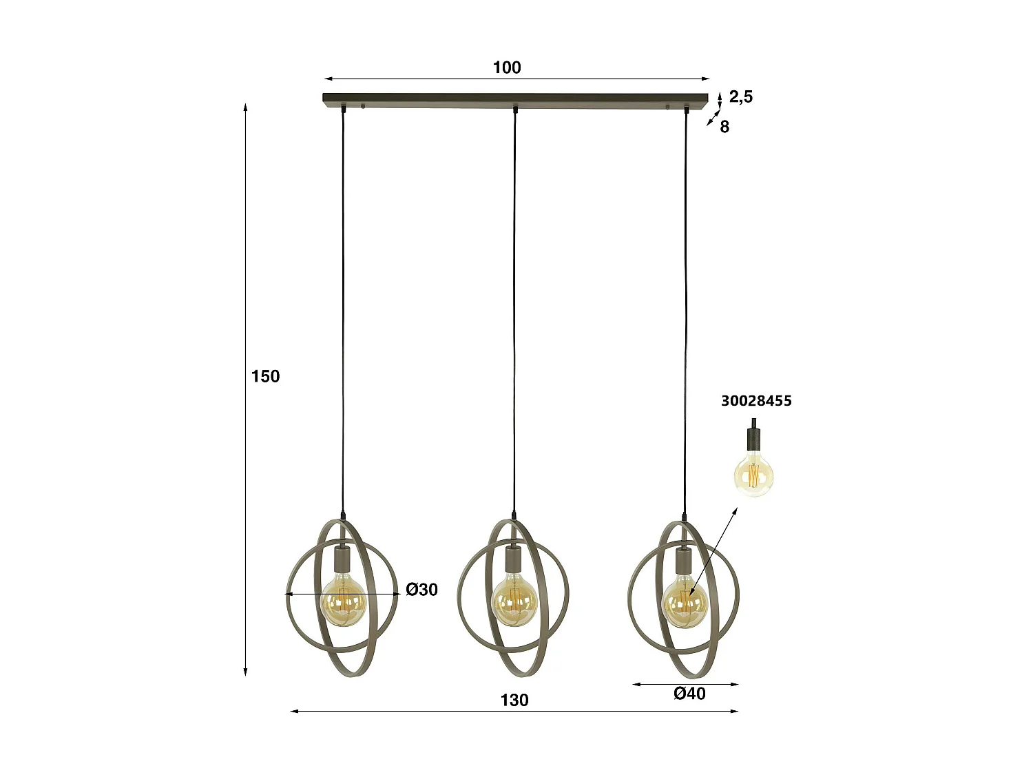 Suspension îlot beige mat, 3 anneaux pivotants métal TRIBECA
