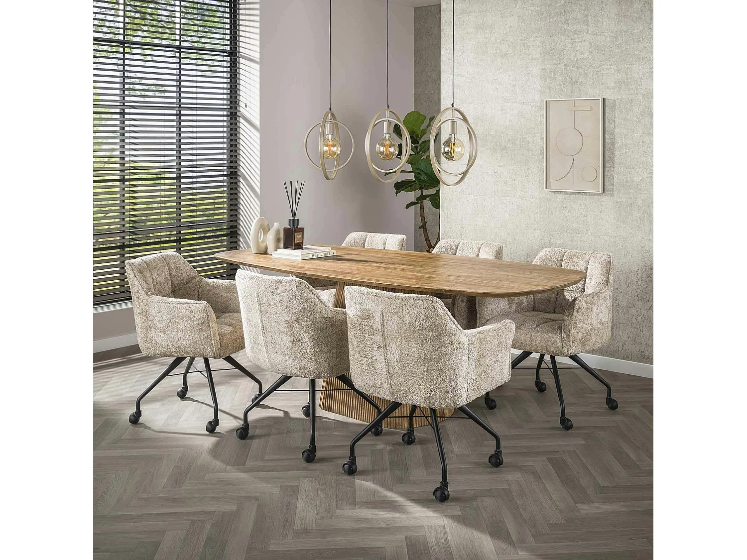 Suspension îlot beige mat, 3 anneaux pivotants métal TRIBECA