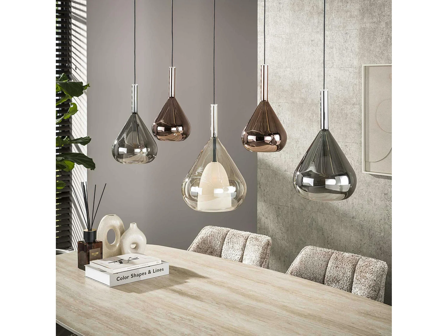 Suspension design verre 3 couleurs, 5 abat-jour goutte NIAGARA