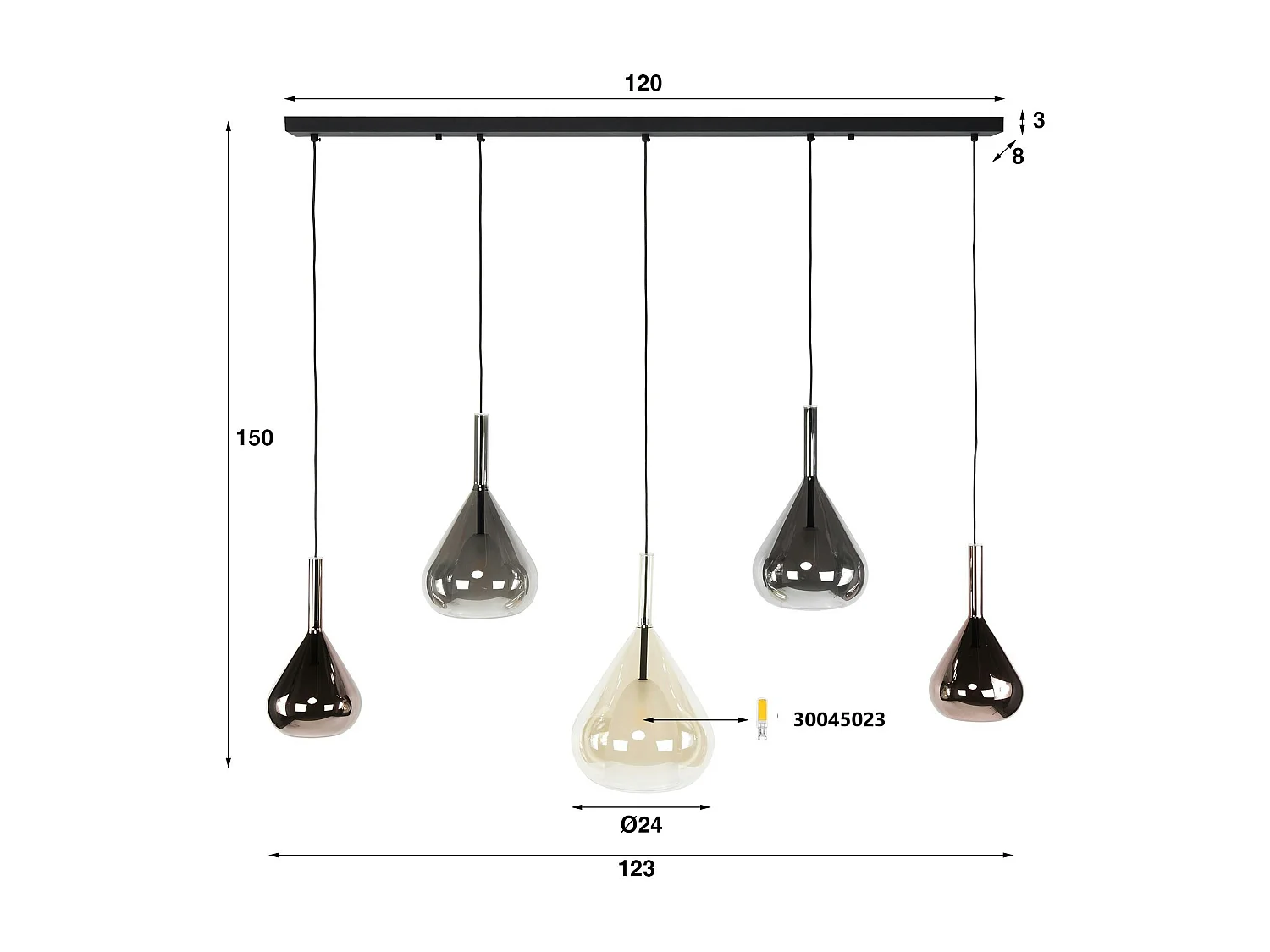 Suspension design verre 3 couleurs, 5 abat-jour goutte NIAGARA