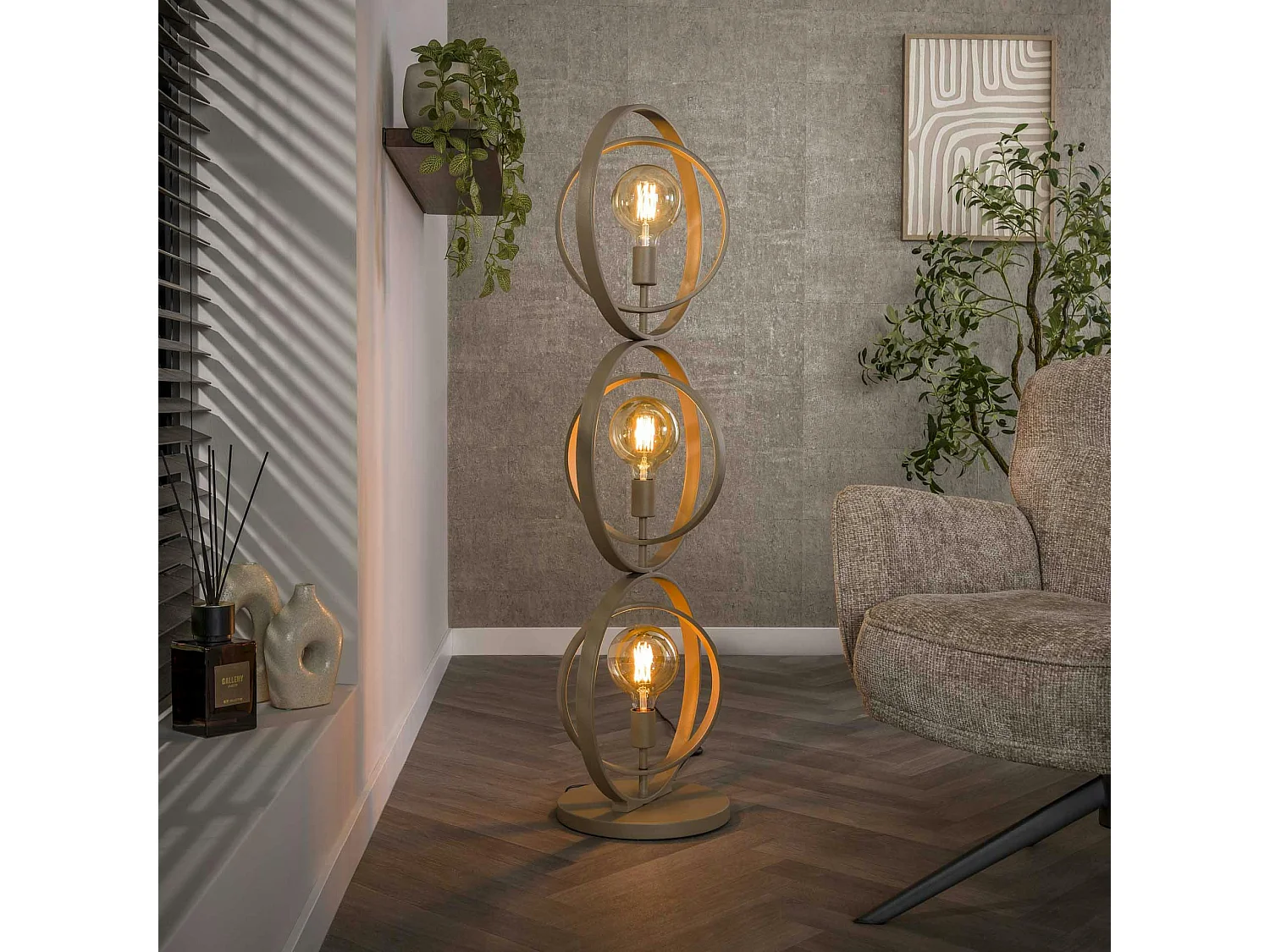 Lampadaire moderne beige mat, 3 anneaux pivotants TRIBECA