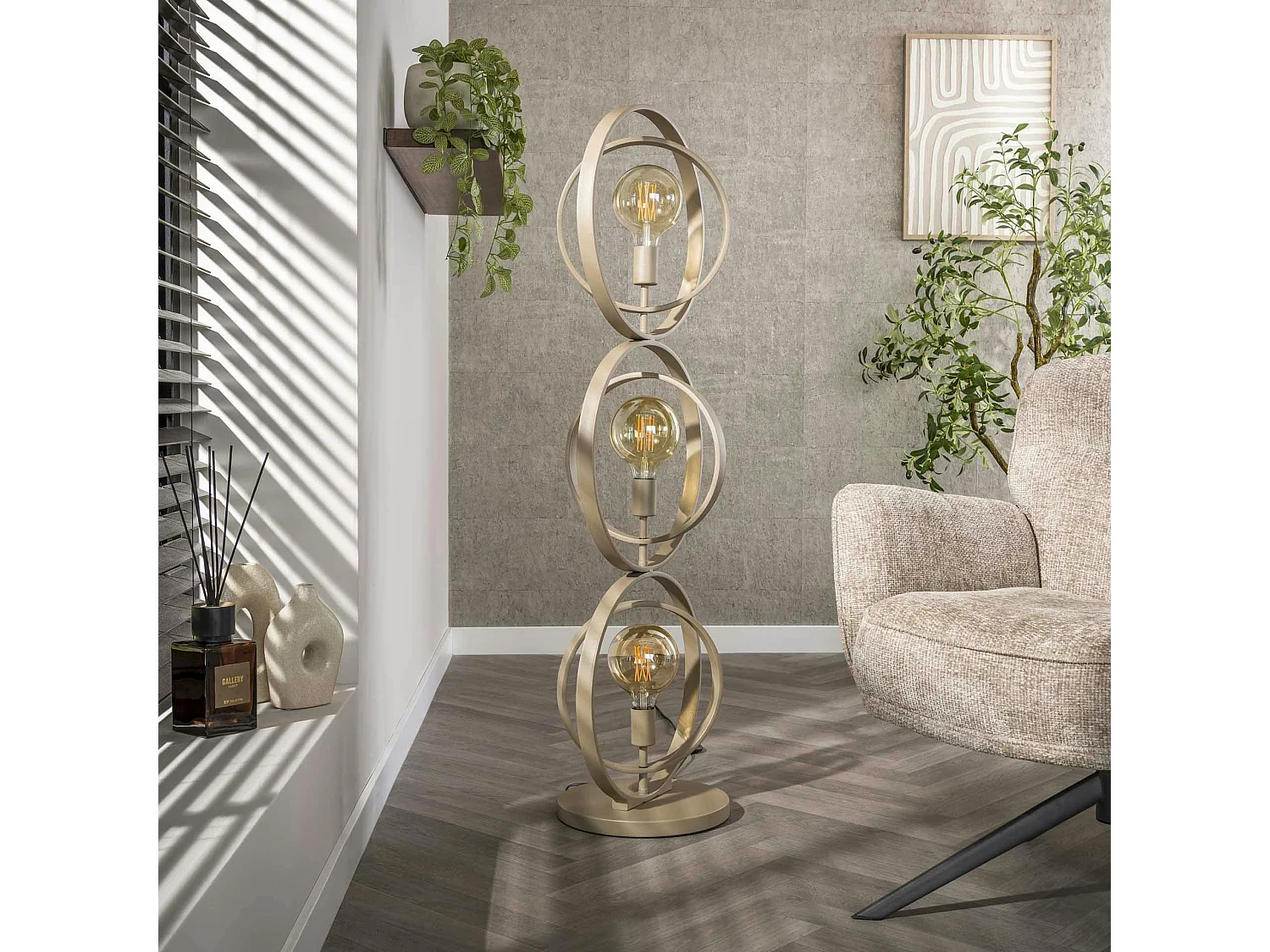 Lampadaire moderne beige mat, 3 anneaux pivotants TRIBECA