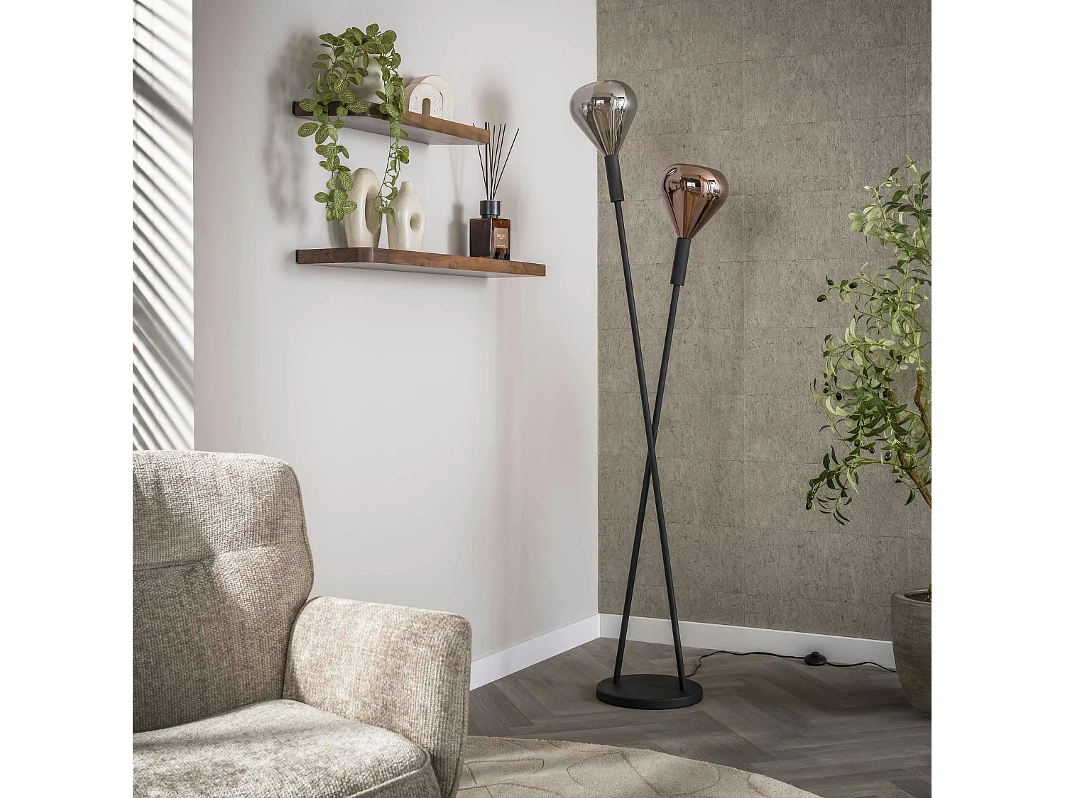 Lampadaire design tiges croisées, 2 abat-jour gouttes NIAGARA