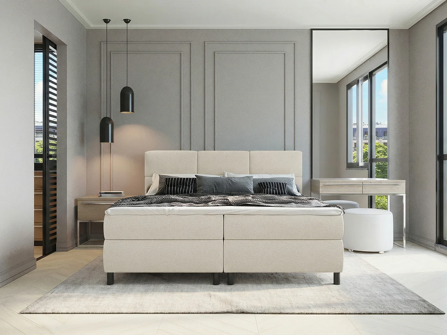 Ensemble complet boxspring tête de lit capitonnée + sommiers + matelas + surmatelas - 2 x 90 x 200 cm - Tissu - Beige  - LODI de PALACIO