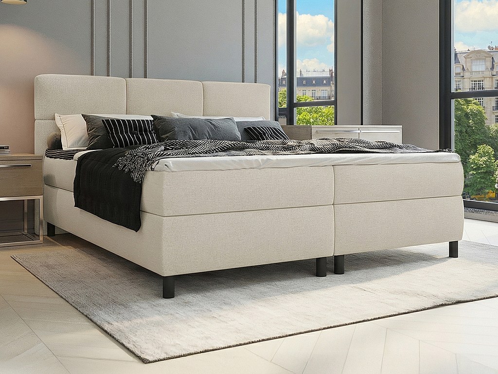 Komplett kontinentalseng med polstret hodegavl + boxmadrass + madrass + overmadrass - 2 x 90 x 200 cm - Stoff - Beige - LODI fra PALACIO