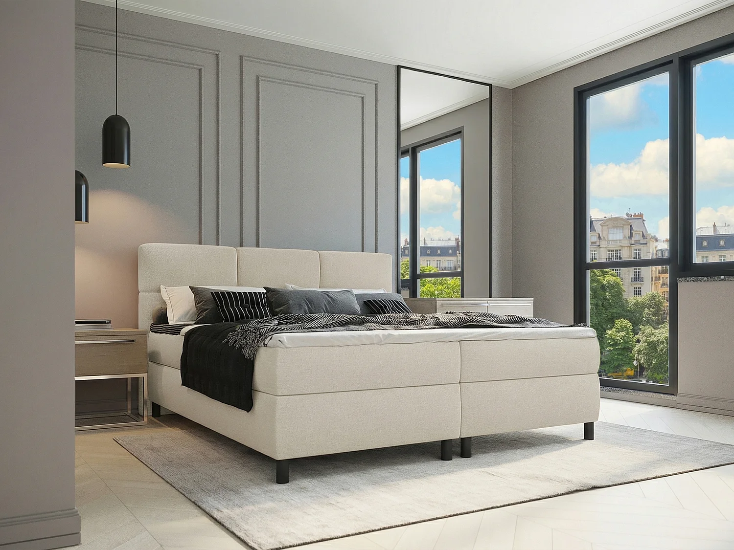 Ensemble complet boxspring tête de lit capitonnée + sommiers + matelas + surmatelas - 2 x 90 x 200 cm - Tissu - Beige  - LODI de PALACIO