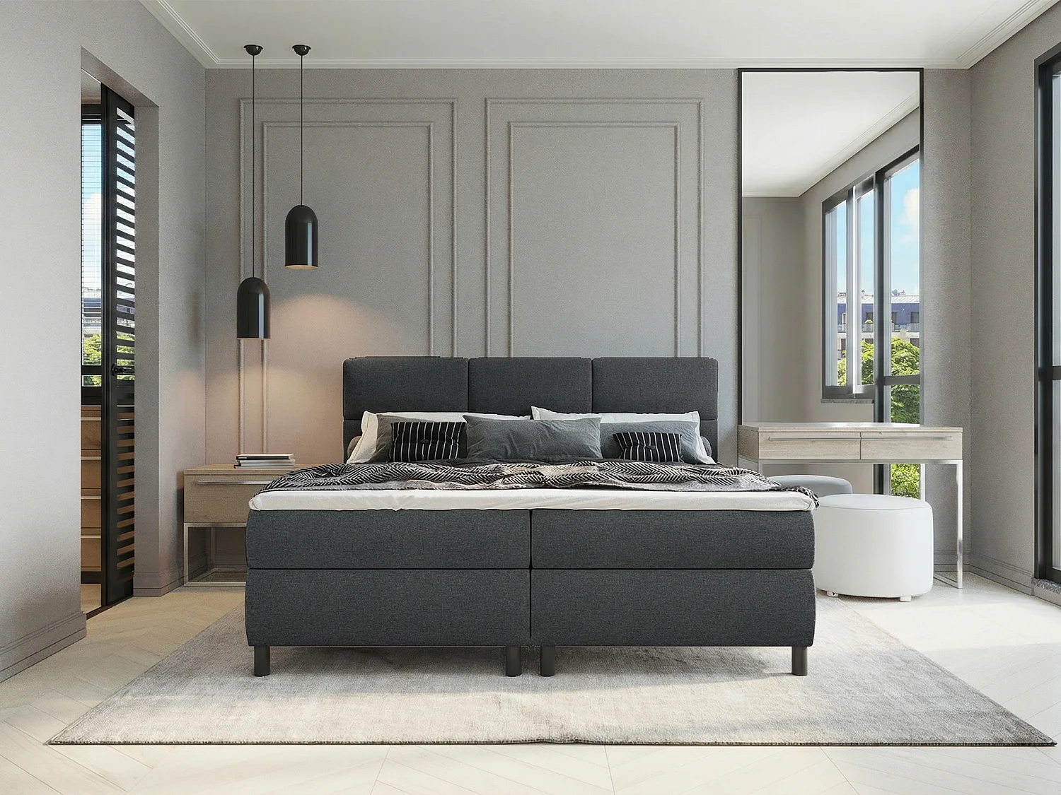 Ensemble complet boxspring tête de lit capitonnée + sommiers + matelas + surmatelas - 2 x 90 x 200 cm - Tissu - Anthracite - LODI de PALACIO