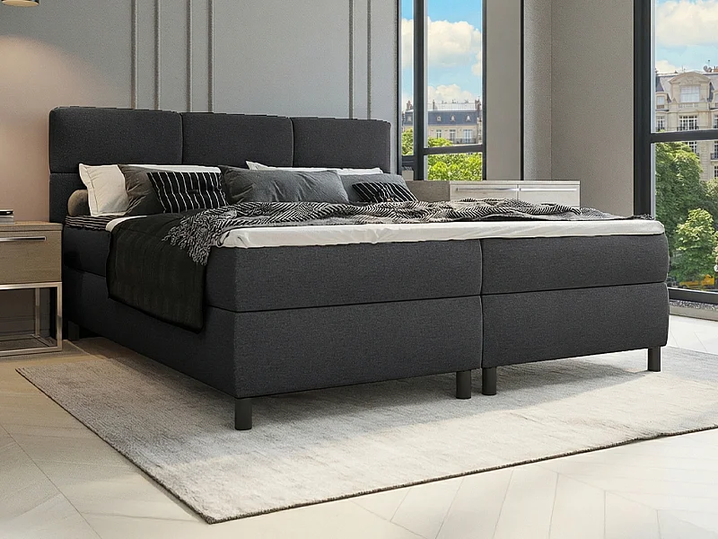 Ensemble complet boxspring tête de lit capitonnée + sommiers + matelas + surmatelas - 2 x 90 x 200 cm - Tissu - Anthracite - LODI de PALACIO