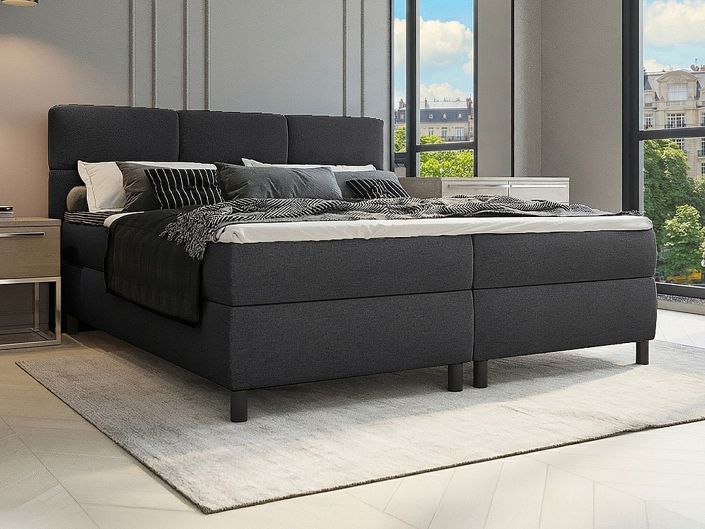 Komplett boxspring sett med quiltet hodegavl + rammemadrasser + madrass + overmadrass - 2 x 80 x 200 cm - Stoff - Antrasitt - LODI fra PALACIO