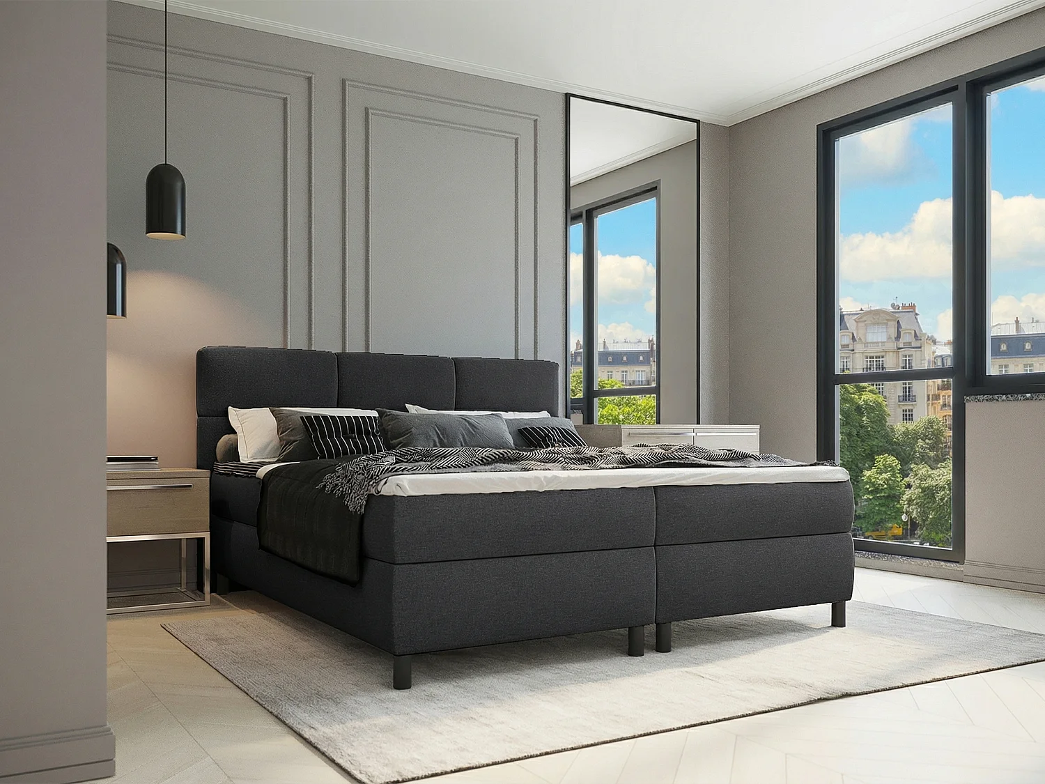 Ensemble complet boxspring tête de lit capitonnée + sommiers + matelas + surmatelas - 2 x 80 x 200 cm - Tissu - Anthracite  - LODI de PALACIO