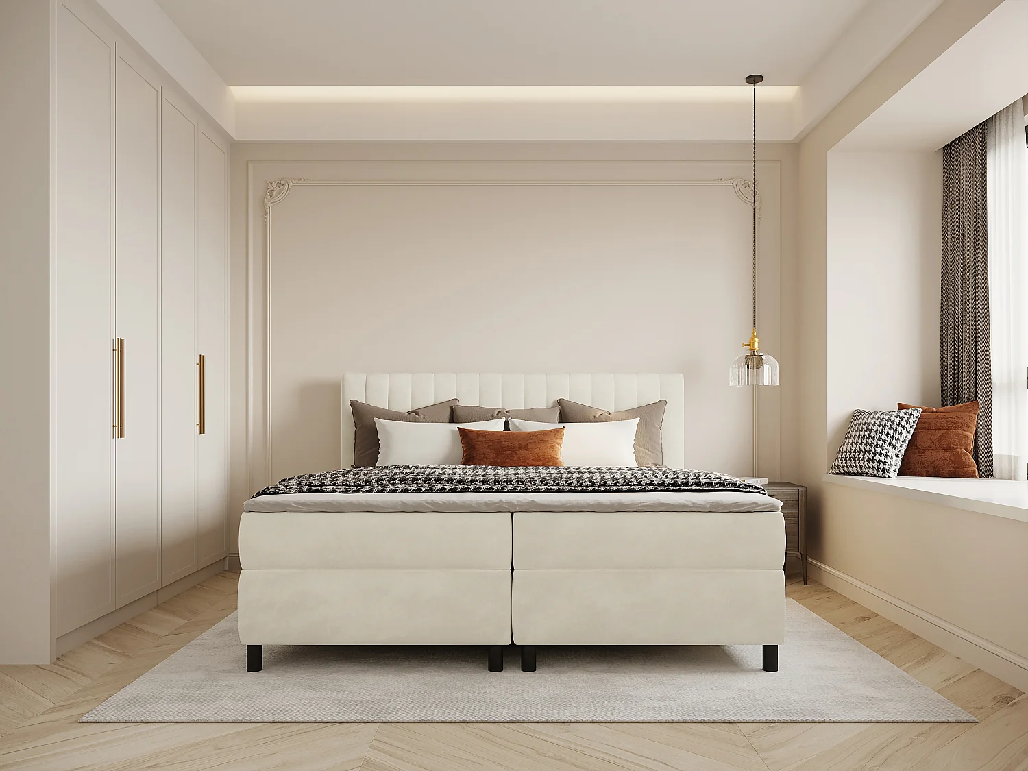 Ensemble complet boxspring tête de lit coutures verticales + sommier + matelas + surmatelas - 2 x 80 x 200 cm - Velours - Beige - DONISI de PALACIO