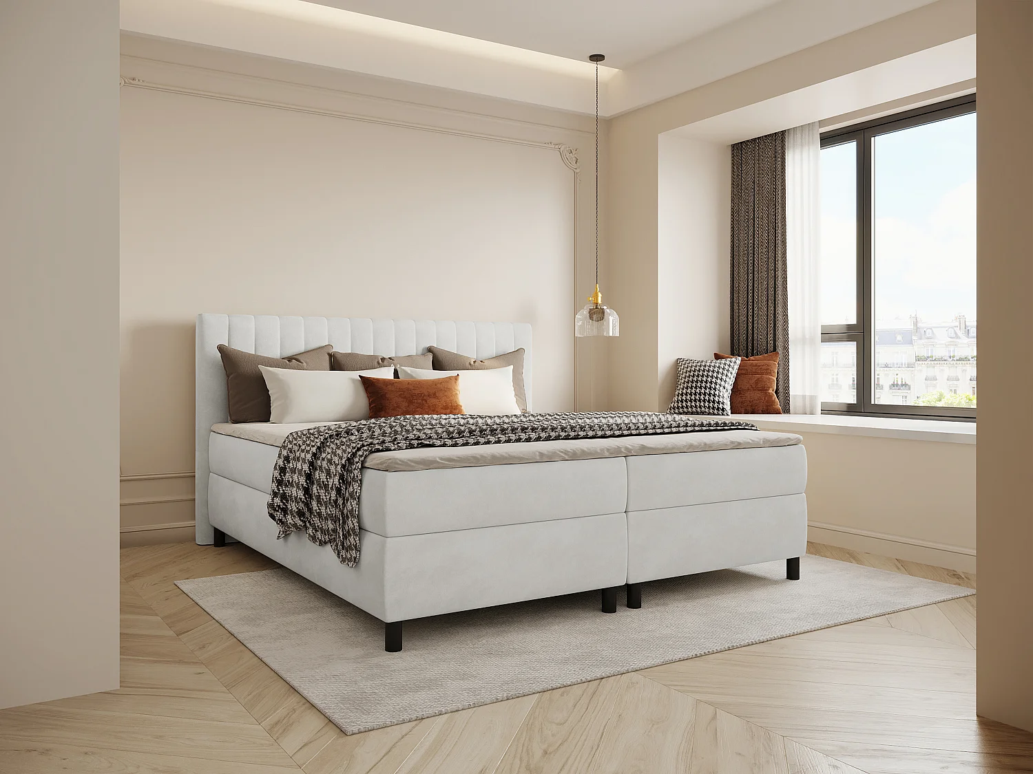 Ensemble complet boxspring tête de lit coutures verticales + sommier + matelas + surmatelas - 2 x 90 x 200 cm - Velours - Gris clair - DONISI de PALACIO