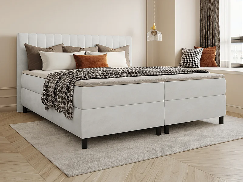 Ensemble complet boxspring tête de lit coutures verticales + sommier + matelas + surmatelas - 2 x 90 x 200 cm - Velours - Gris clair - DONISI de PALACIO
