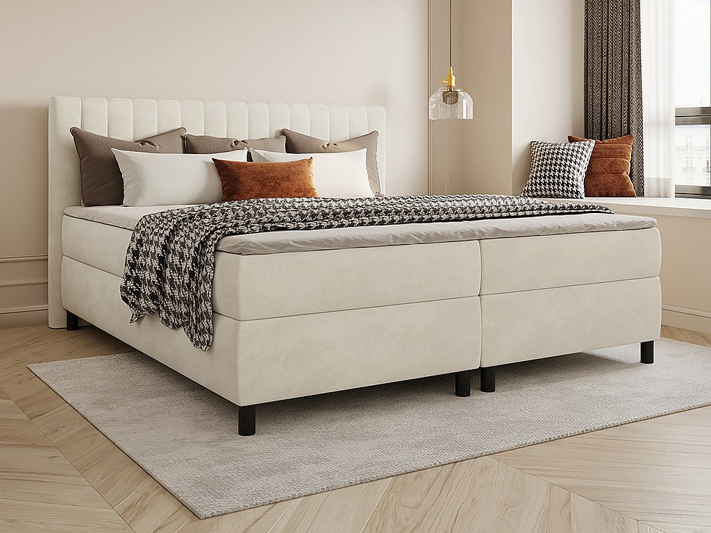 Komplett boxspring-set med vertikala sömmar i huvudgaveln + sängbotten + madrass + bäddmadrass - 2 x 90 x 200 cm - Sammet - Beige - DONISI från PALACIO