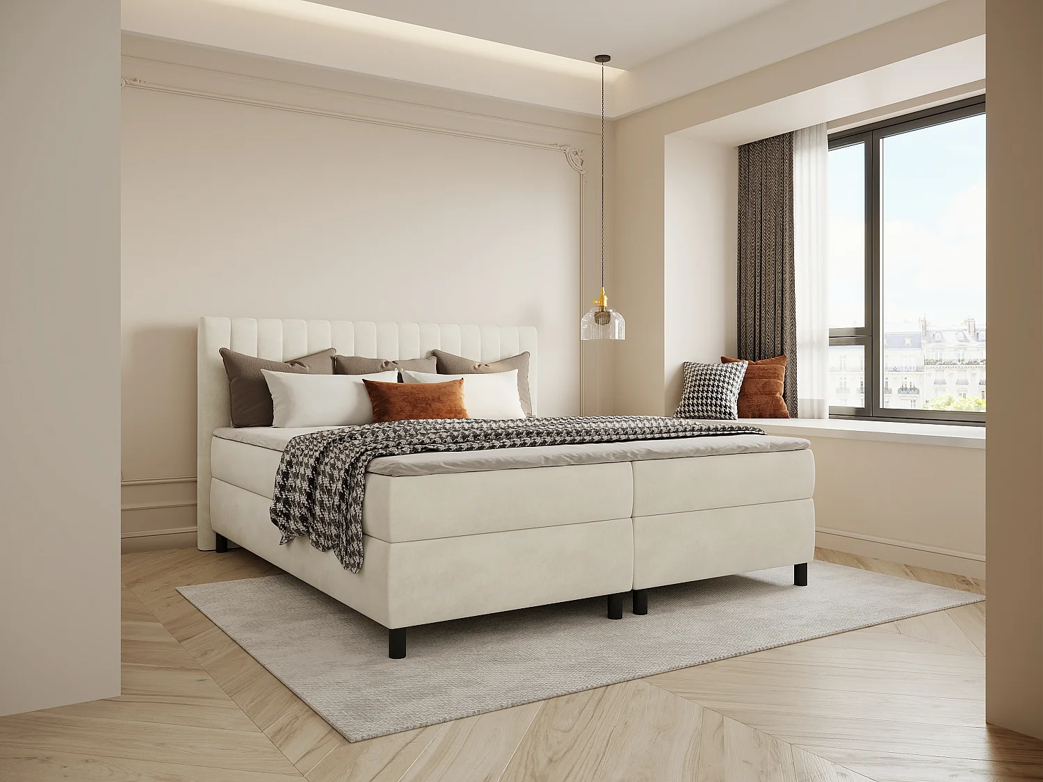 Ensemble complet boxspring tête de lit coutures verticales + sommier + matelas + surmatelas - 2 x 90 x 200 cm - Velours - Beige - DONISI de PALACIO