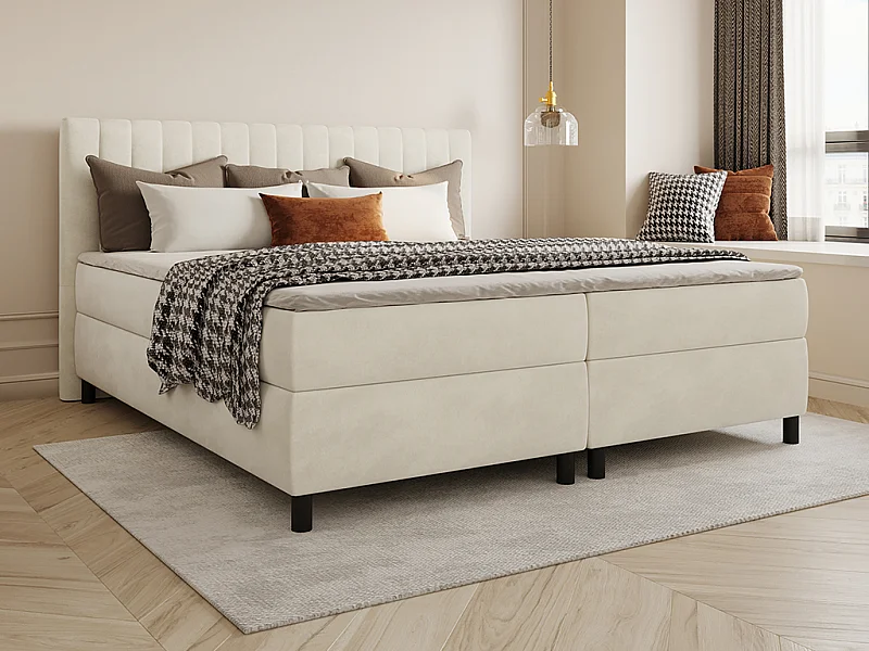 Ensemble complet boxspring tête de lit coutures verticales + sommier + matelas + surmatelas - 2 x 90 x 200 cm - Velours - Beige - DONISI de PALACIO