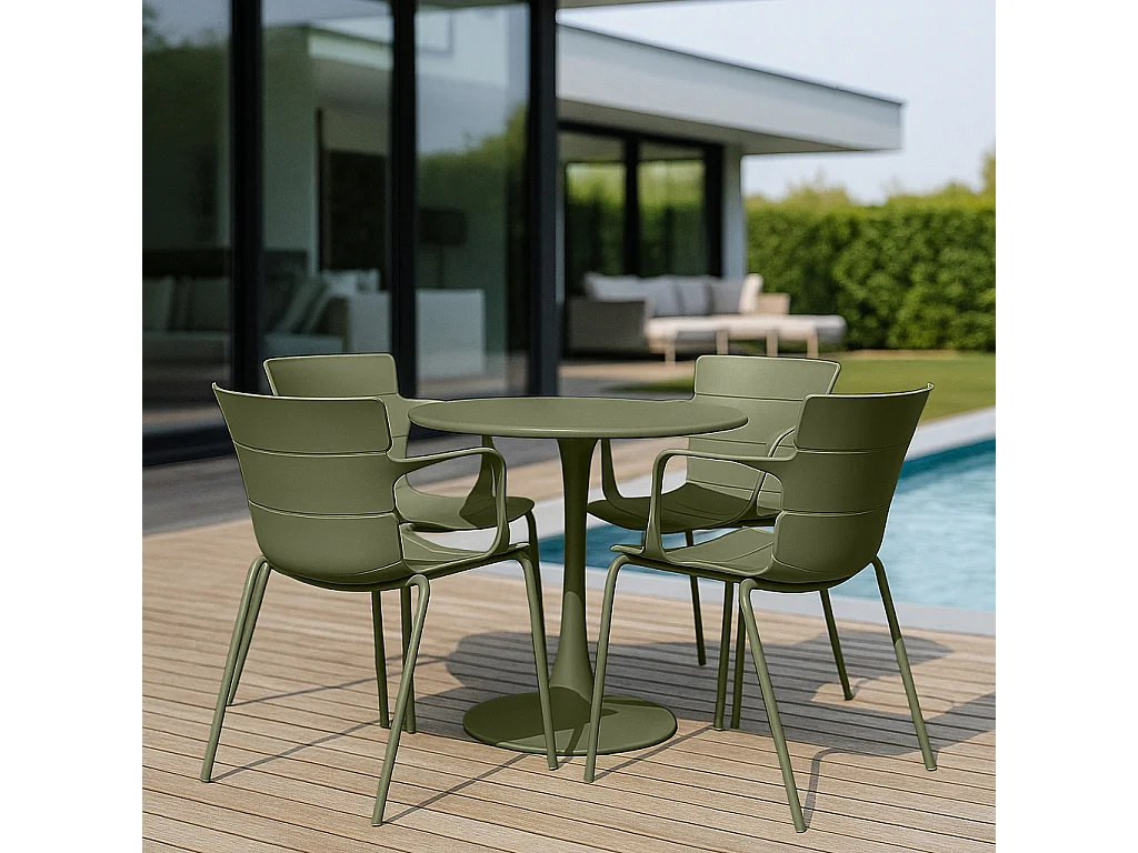 Now's Home - Salon De Jardin Table Et 4 Fauteuils  En Polypopylene Et Metal Vert Montauk
