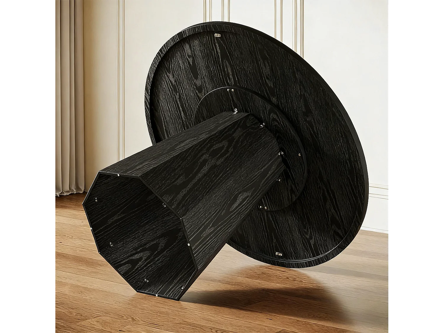 Petite table de salle à manger ronde noire de 118 cm avec piédestal incliné robuste, meuble moderne pour salle à manger, salon