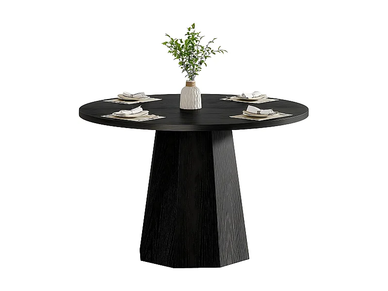 Petite table de salle à manger ronde noire de 118 cm avec piédestal incliné robuste, meuble moderne pour salle à manger, salon