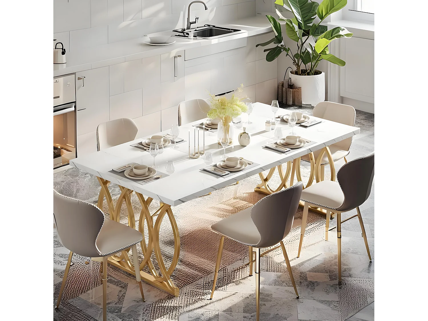 Table à Manger Moderne pour 6 Personnes, 160x 80 x 75 cm, Table de Salle à Manger, Table de Cuisine Rectangulaire pour Salle à Manger et Cuisine, Salon, Blanc et Do