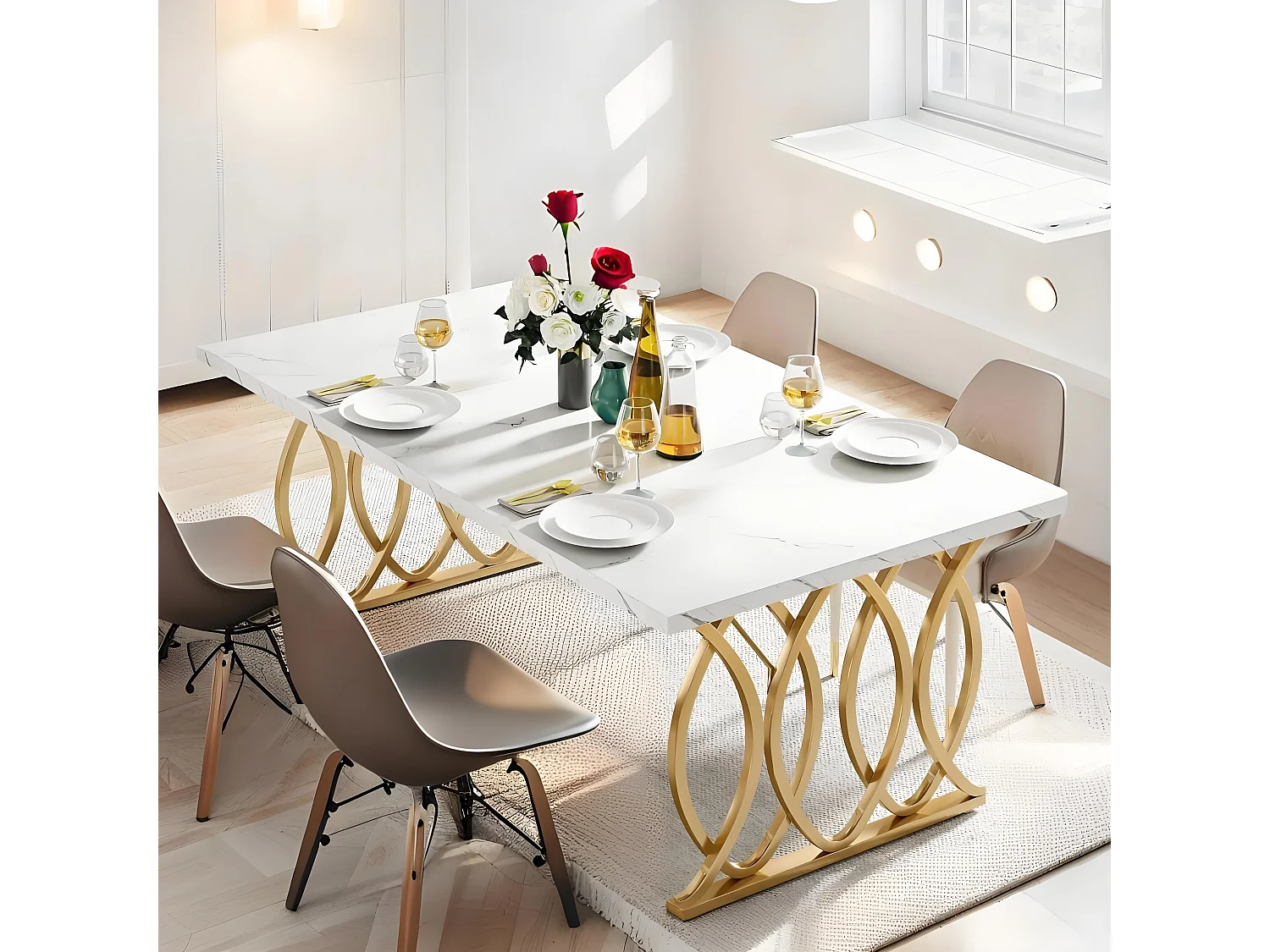 Table à Manger Moderne pour 6 Personnes, 160x 80 x 75 cm, Table de Salle à Manger, Table de Cuisine Rectangulaire pour Salle à Manger et Cuisine, Salon, Blanc et Do