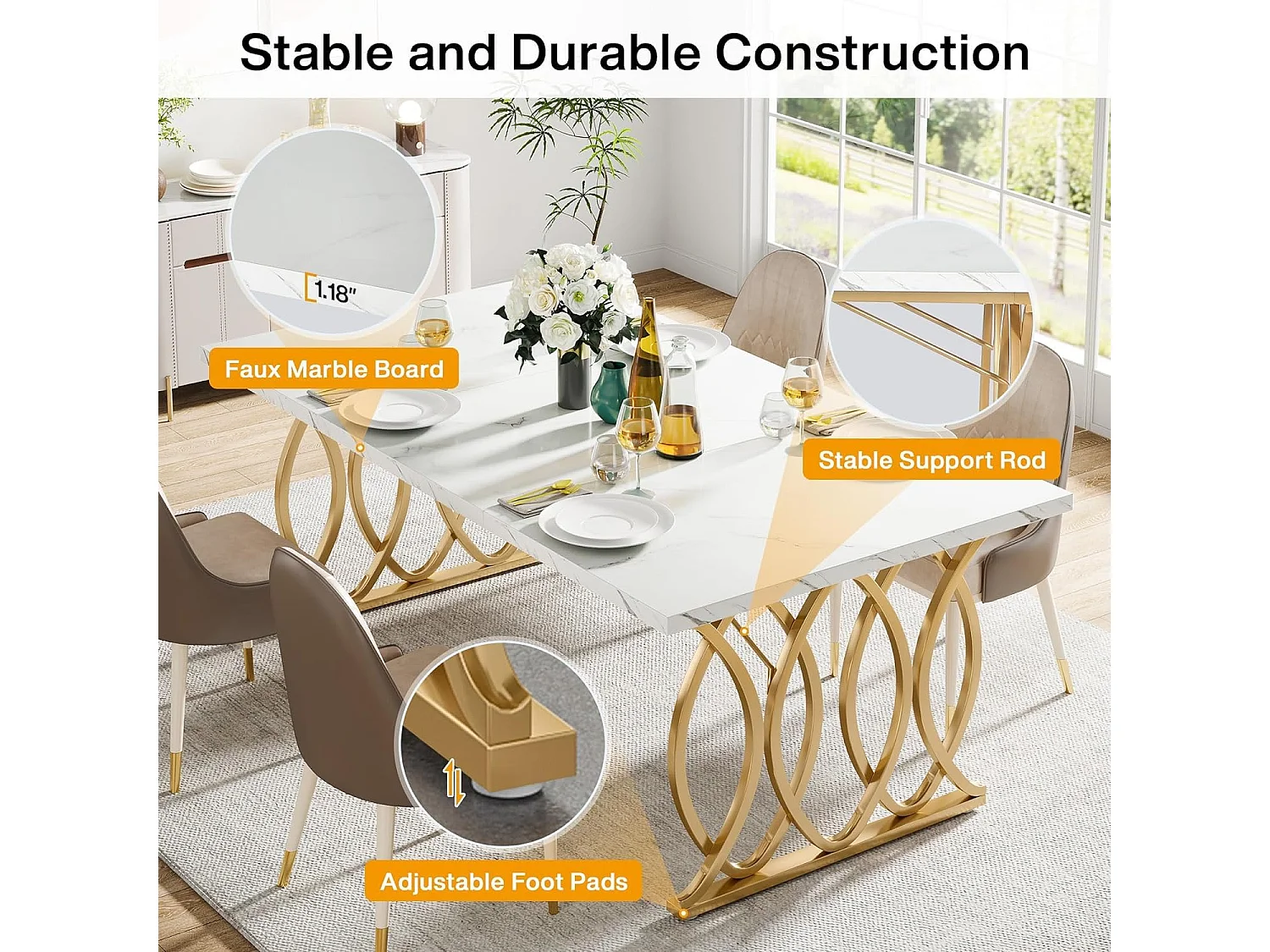 Table à Manger Moderne pour 6 Personnes, 160x 80 x 75 cm, Table de Salle à Manger, Table de Cuisine Rectangulaire pour Salle à Manger et Cuisine, Salon, Blanc et Do