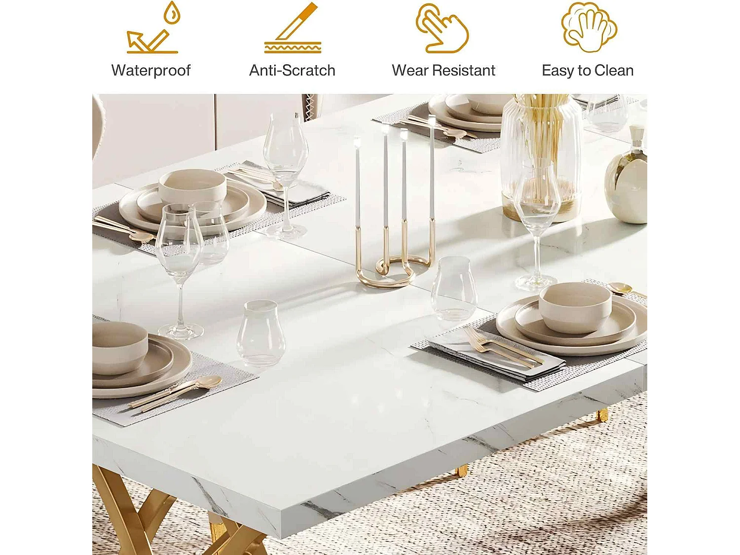 Table à Manger Moderne pour 6 Personnes, 160x 80 x 75 cm, Table de Salle à Manger, Table de Cuisine Rectangulaire pour Salle à Manger et Cuisine, Salon, Blanc et Do