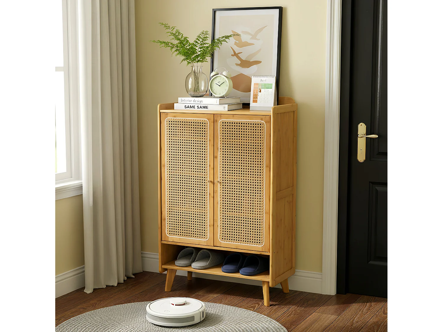 Meuble à chaussures à 6 niveaux, en rotin avec portes et étagère réglable, hauteur 114,8 cm, idéal pour l'entrée ou le couloir.