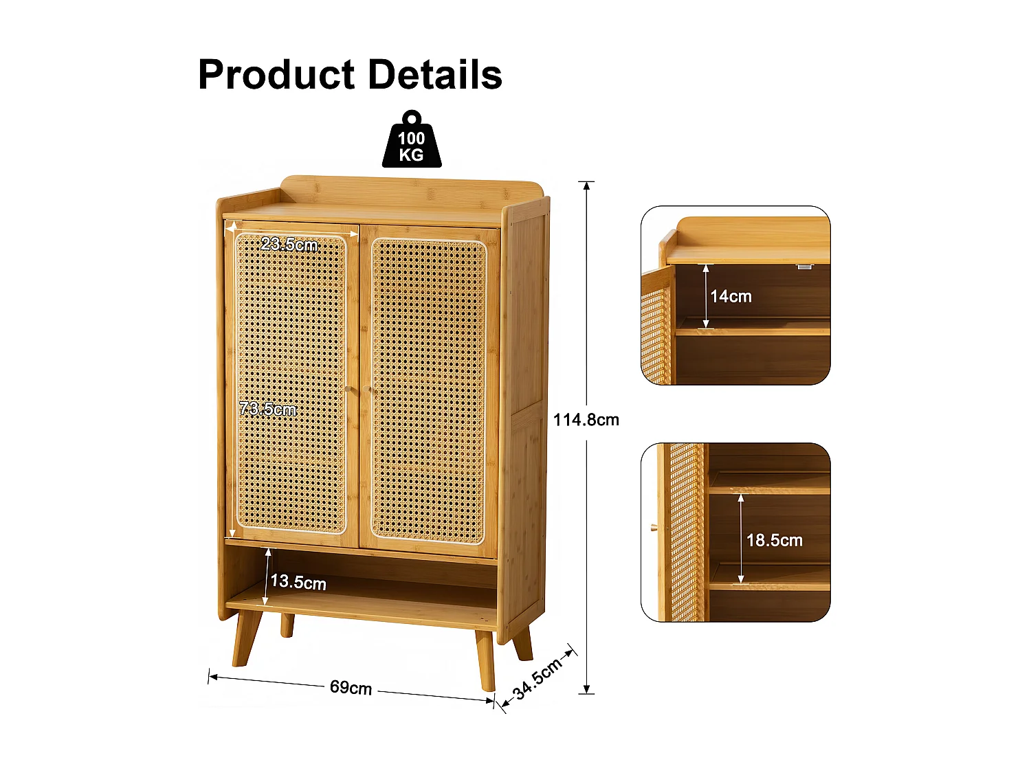 Meuble à chaussures à 6 niveaux, en rotin avec portes et étagère réglable, hauteur 114,8 cm, idéal pour l'entrée ou le couloir.