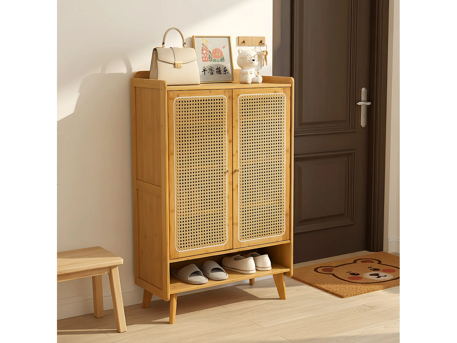 Meuble à chaussures à 6 niveaux, en rotin avec portes et étagère réglable, hauteur 114,8 cm, idéal pour l'entrée ou le couloir.