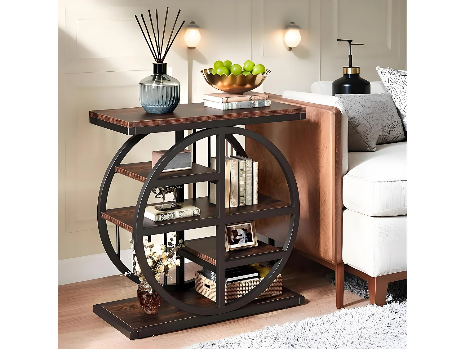 Table d'appoint 5 Étagères Étroite 60x30 cm, Table Basse Industrielle en Métal et Bois pour Salon, Étagère de Rangement Étroite, Table de Chevet pour Chambre