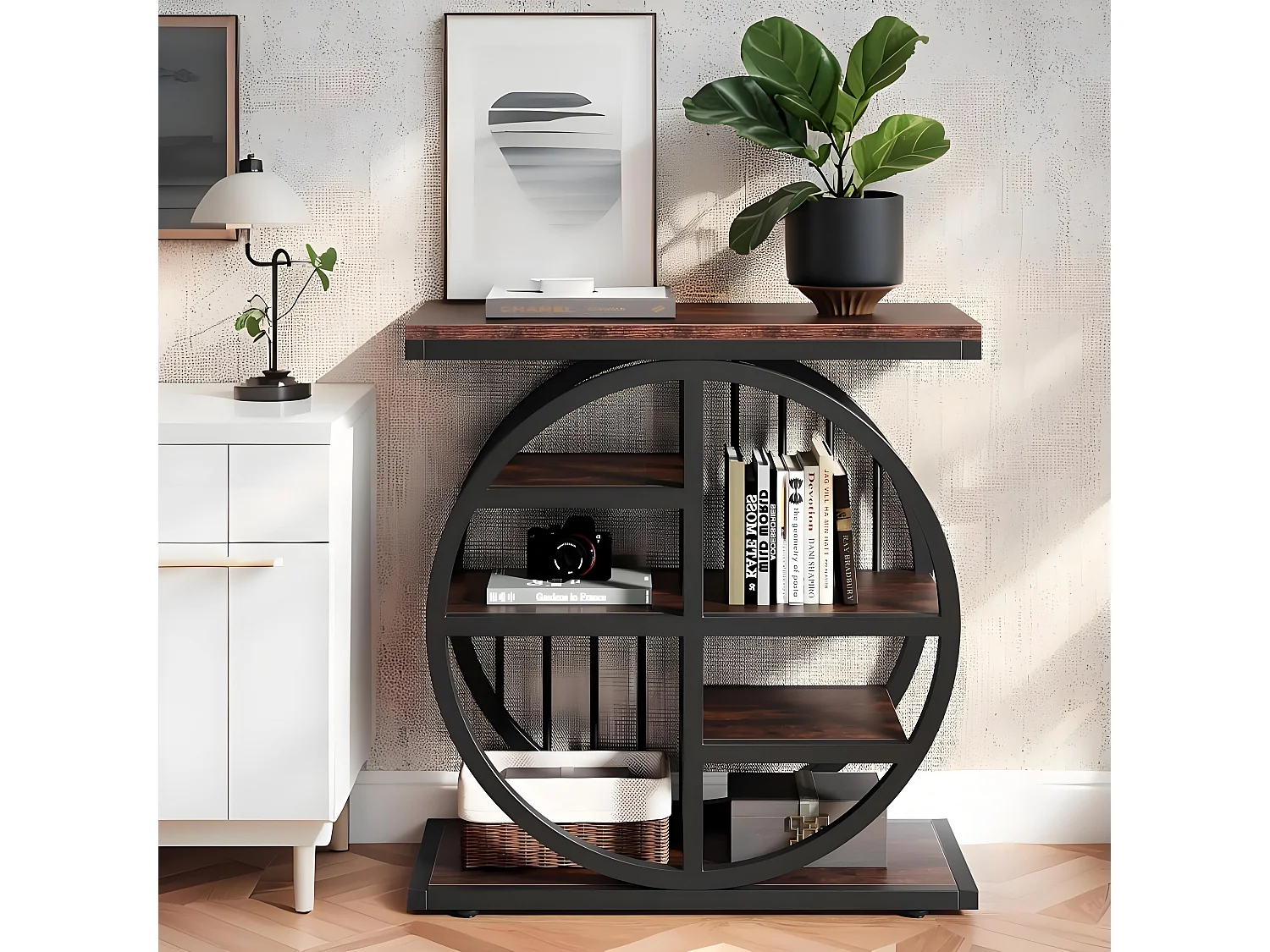 Table d'appoint 5 Étagères Étroite 60x30 cm, Table Basse Industrielle en Métal et Bois pour Salon, Étagère de Rangement Étroite, Table de Chevet pour Chambre