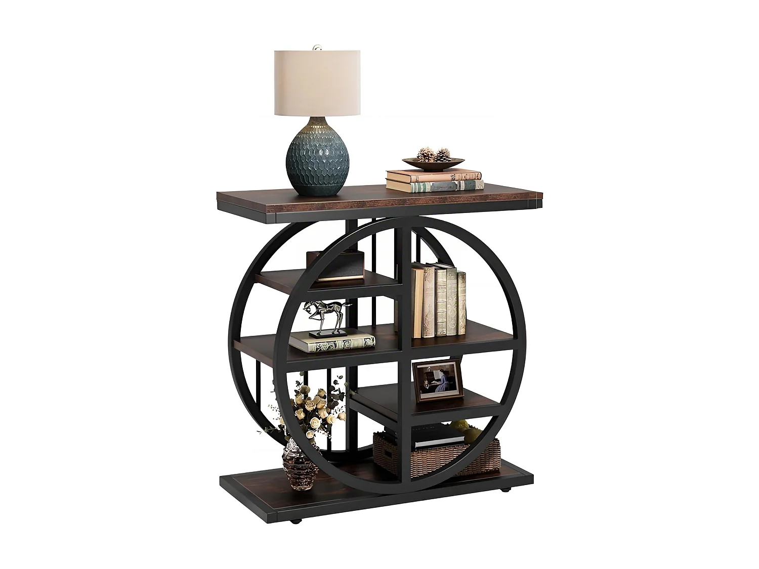 Table d'appoint 5 Étagères Étroite 60x30 cm, Table Basse Industrielle en Métal et Bois pour Salon, Étagère de Rangement Étroite, Table de Chevet pour Chambre