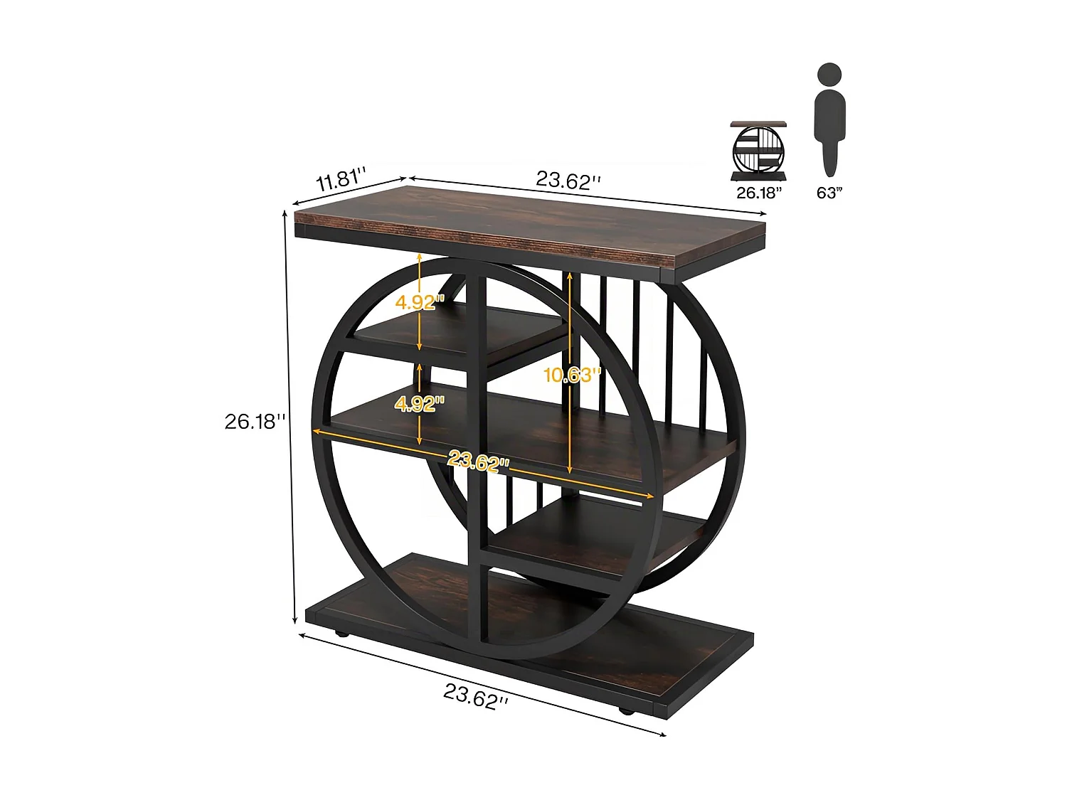 Table d'appoint 5 Étagères Étroite 60x30 cm, Table Basse Industrielle en Métal et Bois pour Salon, Étagère de Rangement Étroite, Table de Chevet pour Chambre