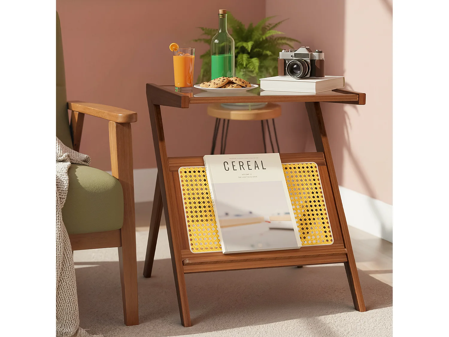 Table d'appoint en bambou, meuble de rangement, idéal pour le salon, la chambre ou la terrasse, 49 x 35 x 56 cm