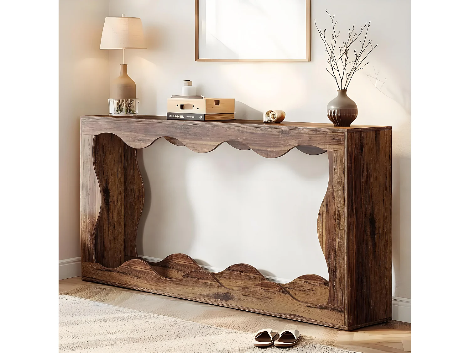 Table Console 160cm avec Rangement, Table d'Entrée Étroite avec Étagère, Console Canapé avec Plateau Épais pour Couloir,Salon,Marron, 30x160x 85cm